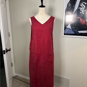 90s Red maxi jumper dress with pockets and side buttons 100% cotton